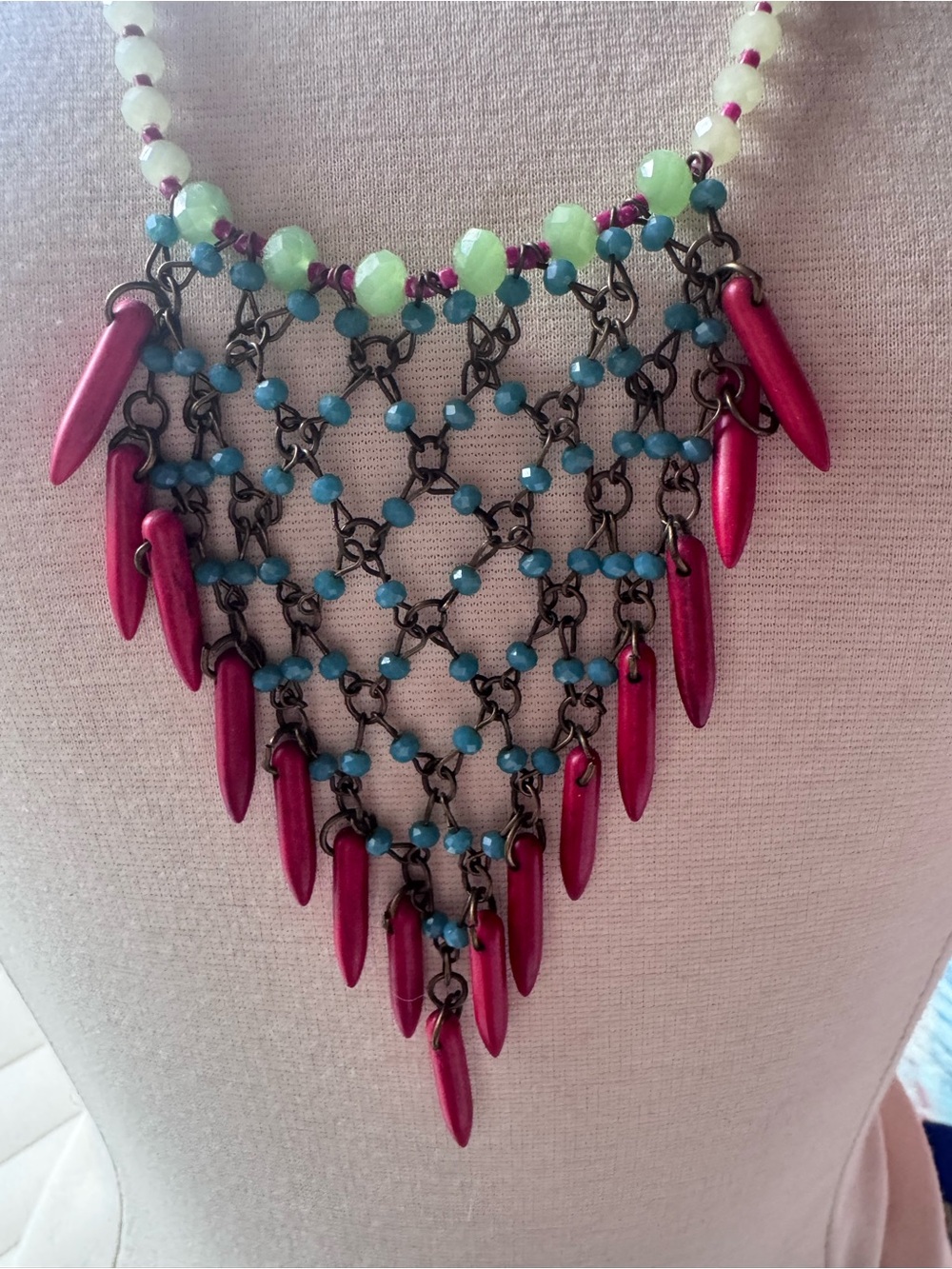 Beaded Red Fringe Statement Necklace with Turquoise Accents
